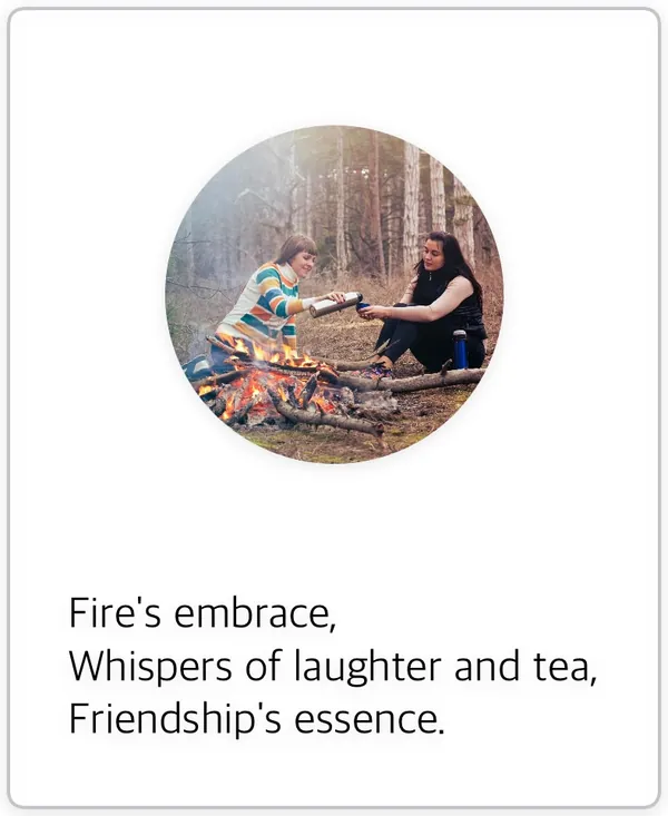 Poem card: two friends pouring tea beside a campfire in the woods