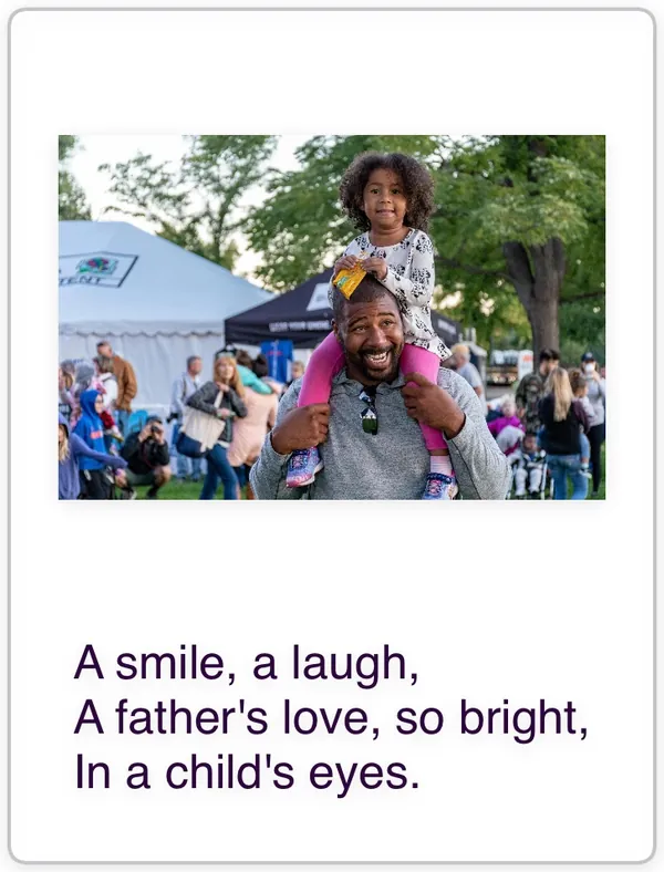 Poem card: a smiling father carrying his daughter on his shoulders at an outdoor festival