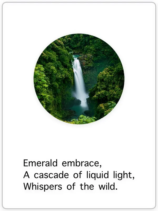Poem card: a waterfall in a green jungle gorge, cropped to a circle