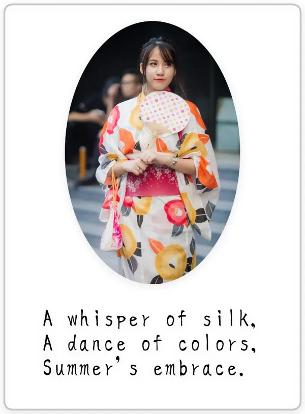 Poem card: a woman in a floral summer yukata holding a paper fan, cropped to an oval